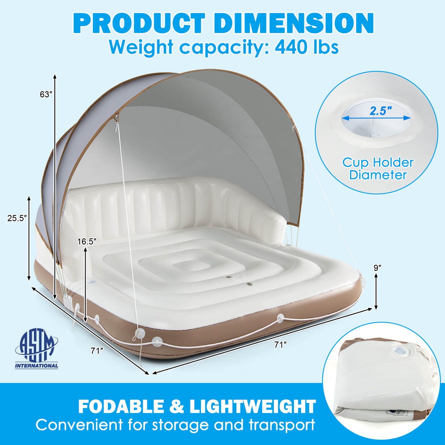 Inflatable Pool Float Lounge Swimming Raft With Large Canopy