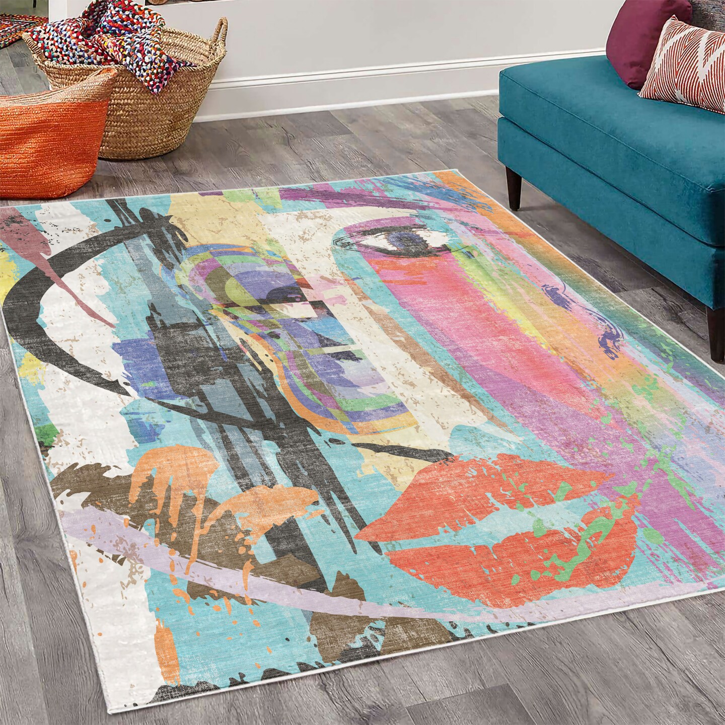 Ambesonne Abstract Decorative Rug, Woman Face Art Composition Paint Strokes and Splashes Eye Red Lips Grungy Artwork, Quality Carpet for Bedroom Dorm and Living Room, Multicolor