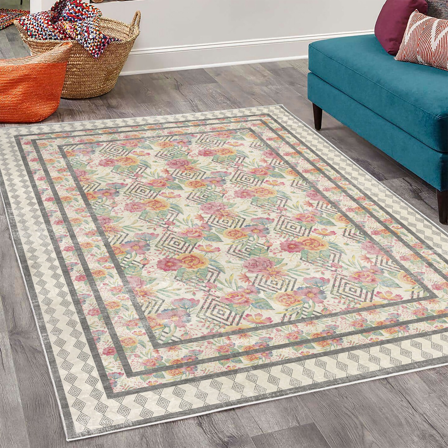 Ambesonne Modern Decorative Rug, Tropical Look Wild Roses and Geometric Rhombuses Floral Concept Artwork, Quality Carpet for Bedroom Dorm and Living Room, Grey and Multicolor