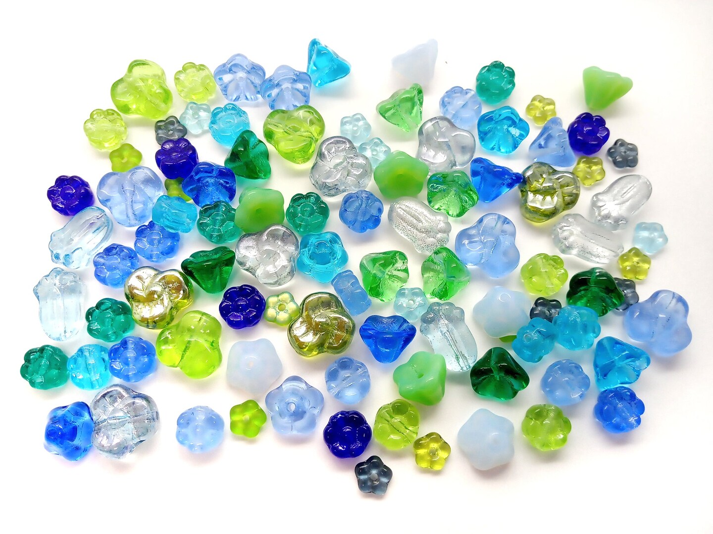 Green &#x26; Blue Glass Flower Bead Mix, 50 Assorted Pieces, Adorabilities