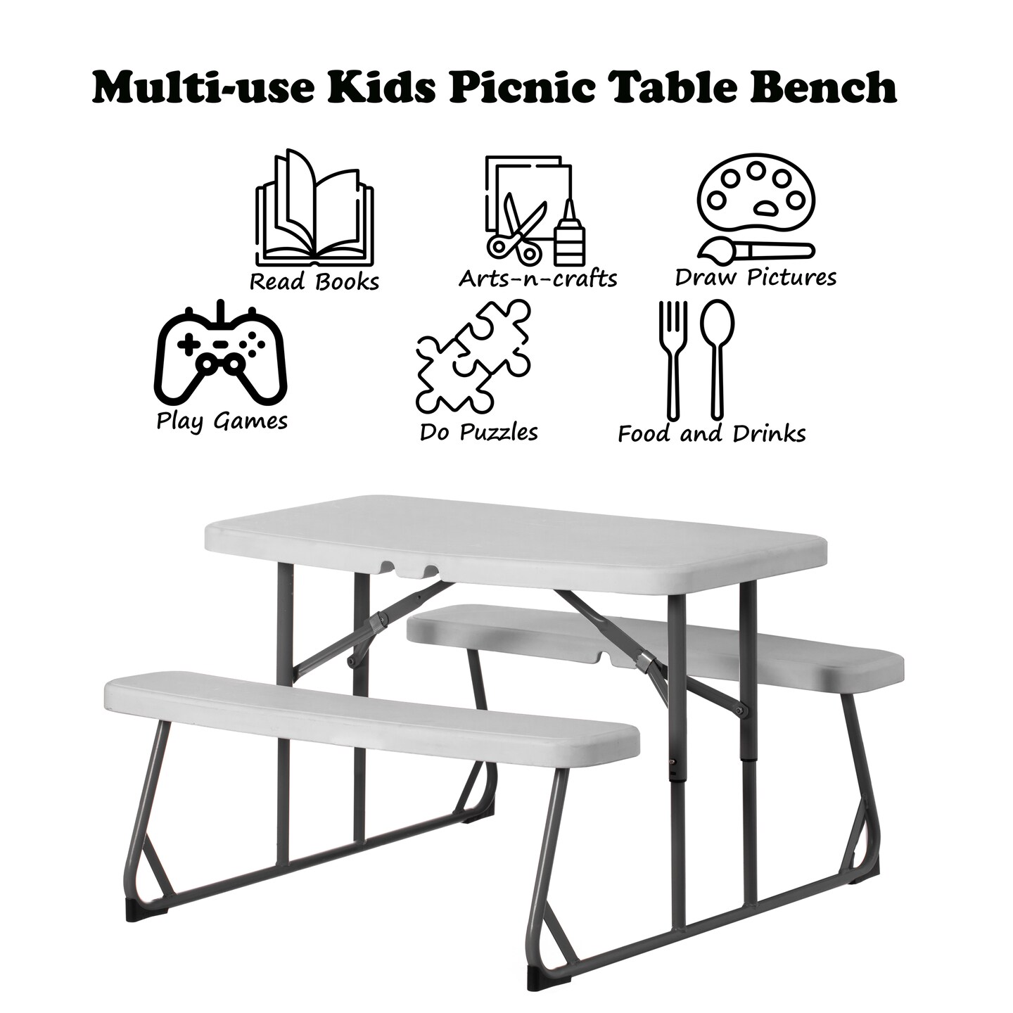 Foldable White Kids' Picnic Table Bench Outdoor Portable Children's Backyard Table, Crafting, Dining, and Playtime Patio Table