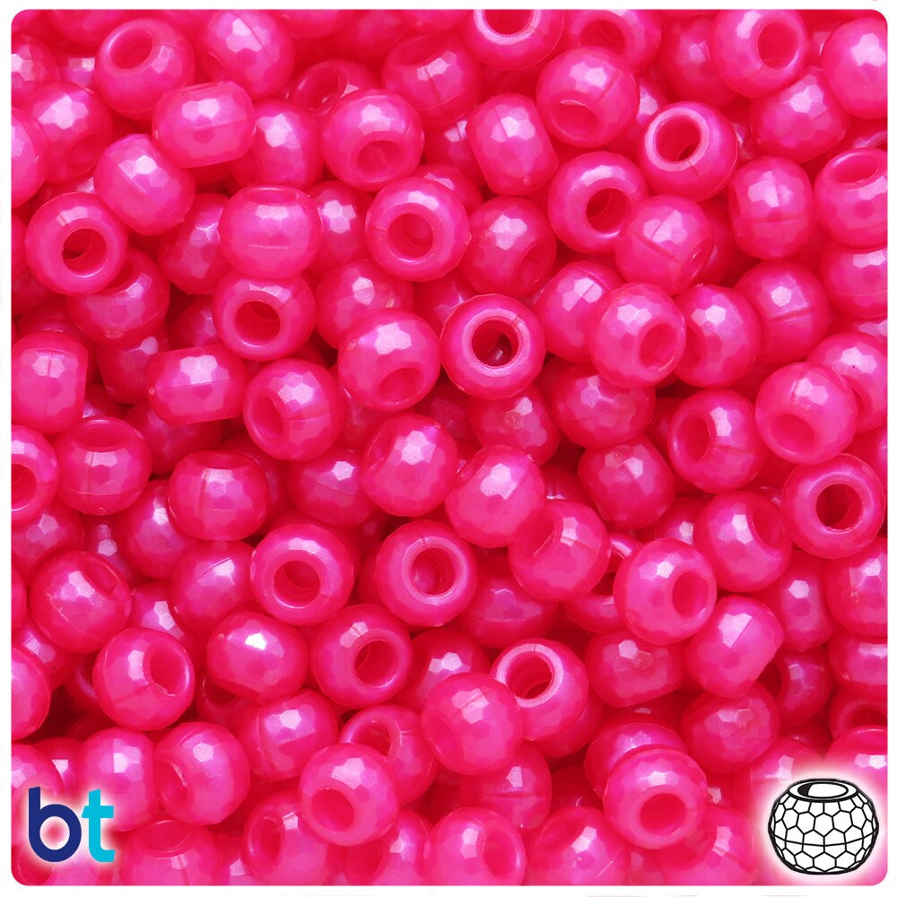 BeadTin Hot Pink Pearl 9mm Faceted Barrel Plastic Pony Beads (500pcs)