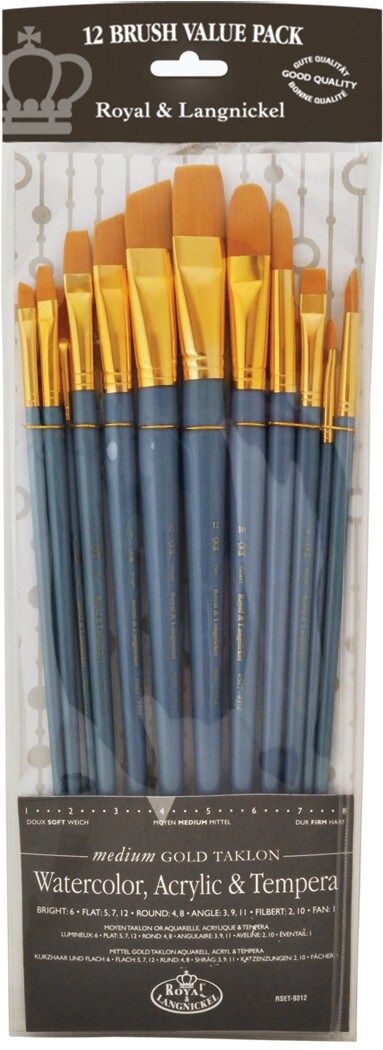 Royal Brush Zip N&#x27; Close 12-Brush Set, Golden Taklon, Long Handle, Filbert