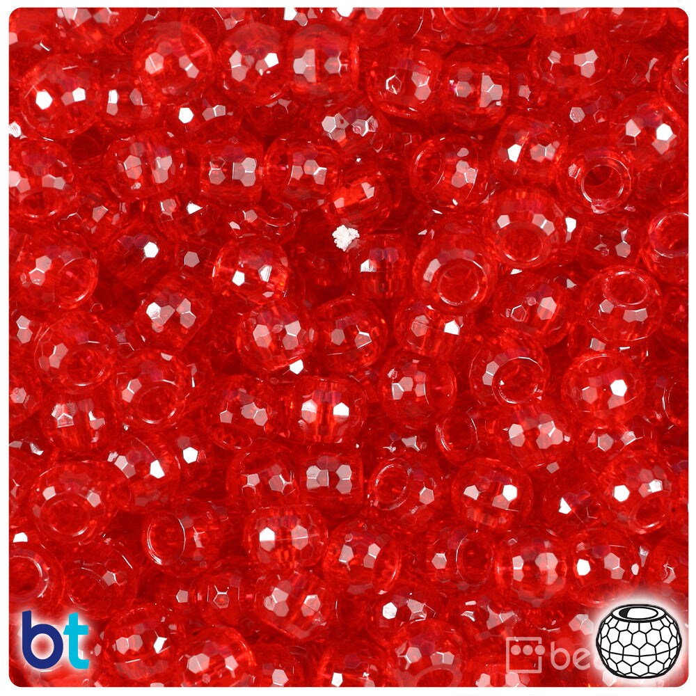 BeadTin Ruby Transparent 9mm Faceted Barrel Plastic Pony Beads (500pcs)
