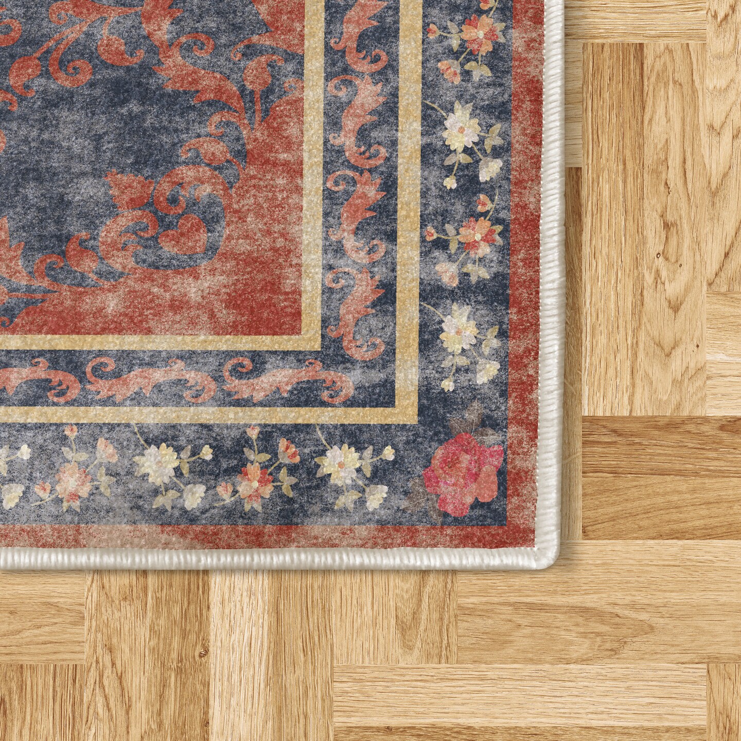 Ambesonne Damask Decorative Rug, Vintage Floral Motives and Rusty Toned Curlicues Bohemian Art Rustic Look, Quality Carpet for Bedroom Dorm and Living Room, Vermilion Navy Blue