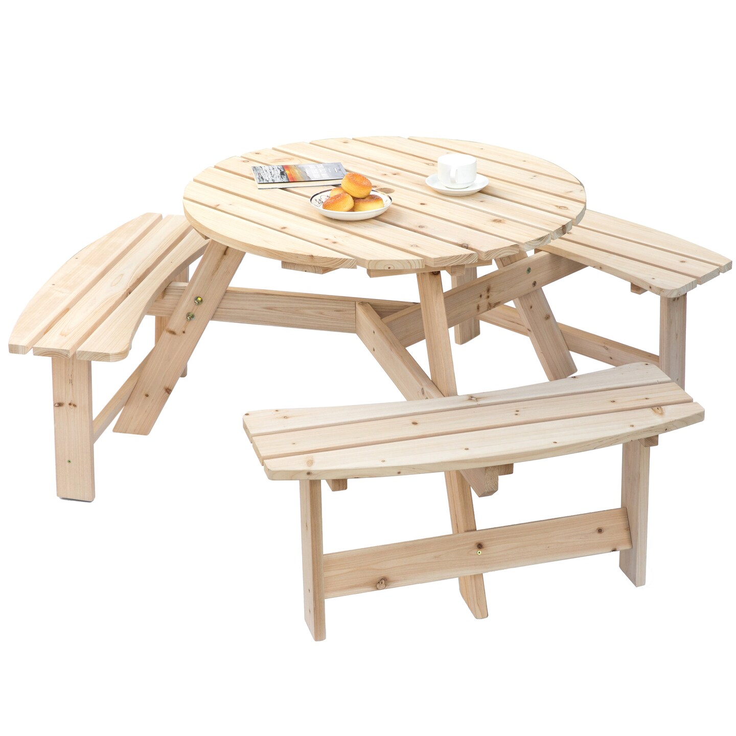 Wooden Outdoor Round Picnic Table with Bench for Patio, 6- Person with Umbrella Hole