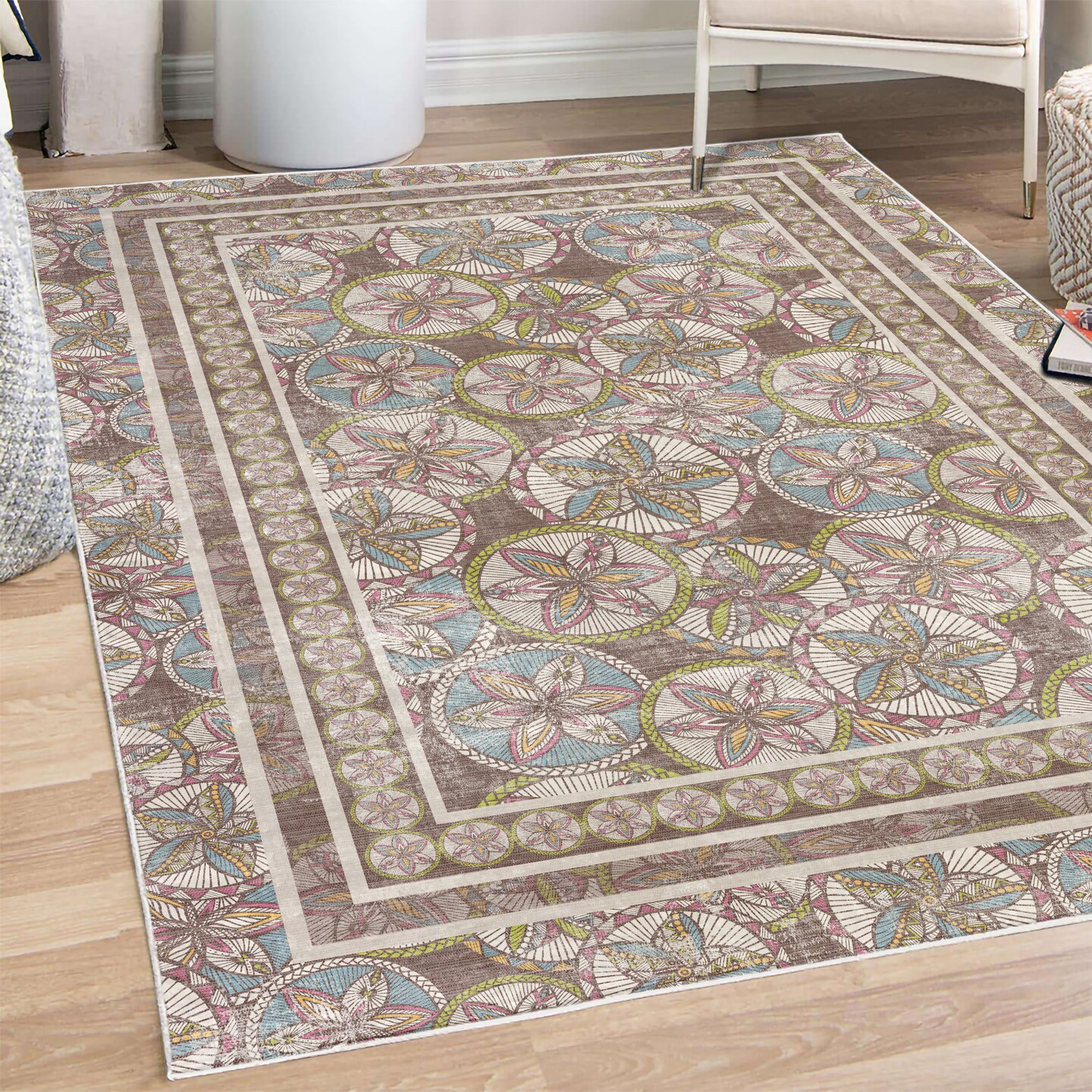 Ambesonne Floral Decorative Rug, Exotic Flower Petals in Rounds Geometric Tropical Jungle Composition, Quality Carpet for Bedroom Dorm and Living Room, Eggplant Blue and Green