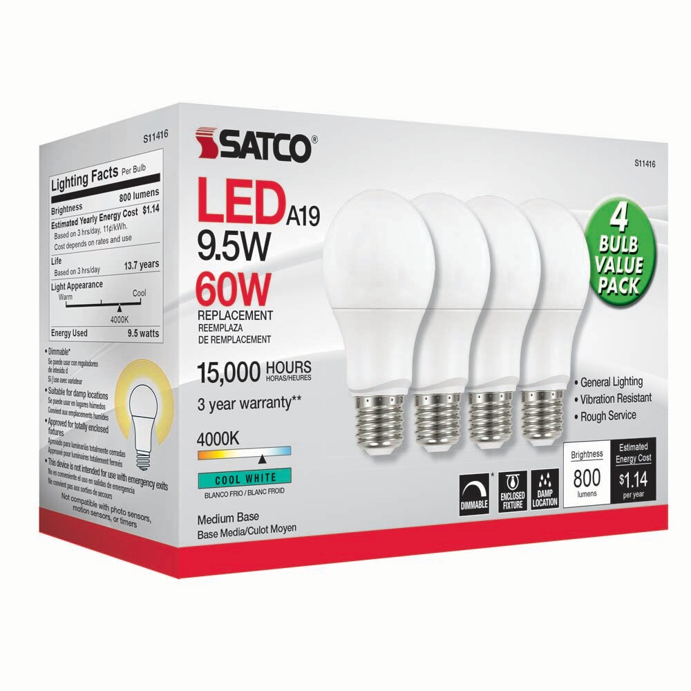 4Pk - Satco 9.5w 120v A19 LED Bulb E26 Medium Base 4000k Cool White - 60w-equiv