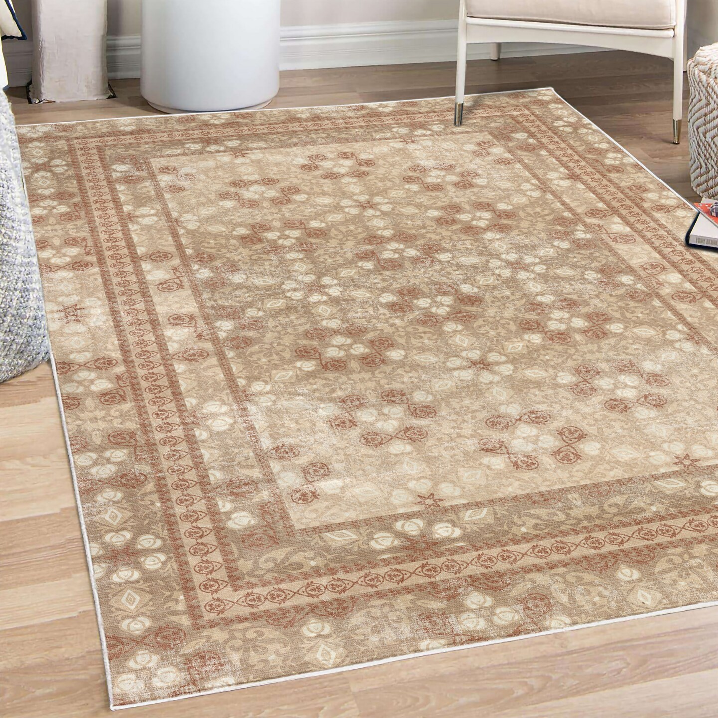 Ambesonne Vintage Decorative Rug, Nostalgic Retro Floral Petals Pastel Look Damask Check Victorian Motif, Quality Carpet for Bedroom Dorm and Living Room, Pale Rust and Cocoa