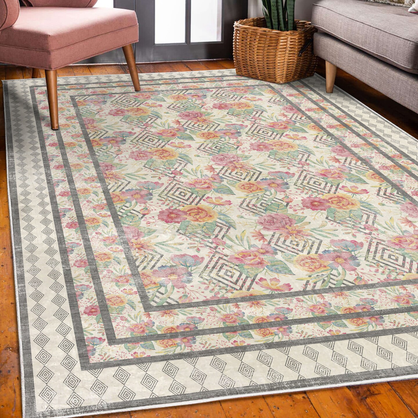 Ambesonne Modern Decorative Rug, Tropical Look Wild Roses and Geometric Rhombuses Floral Concept Artwork, Quality Carpet for Bedroom Dorm and Living Room, Grey and Multicolor