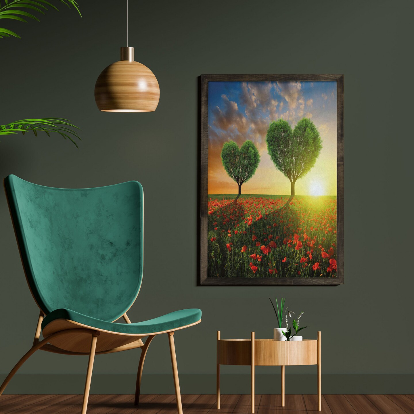 Ambesonne Valentine&#x27;s Day Framed Wall Art, Poppy Field Heart Shaped Trees Sunset Cloudy Sky Rural Romantic Meadow, Fabric Poster with Carbonized Tone Wood Frame Home Decor, 23&#x22; x 35&#x22;, Green Red Blue