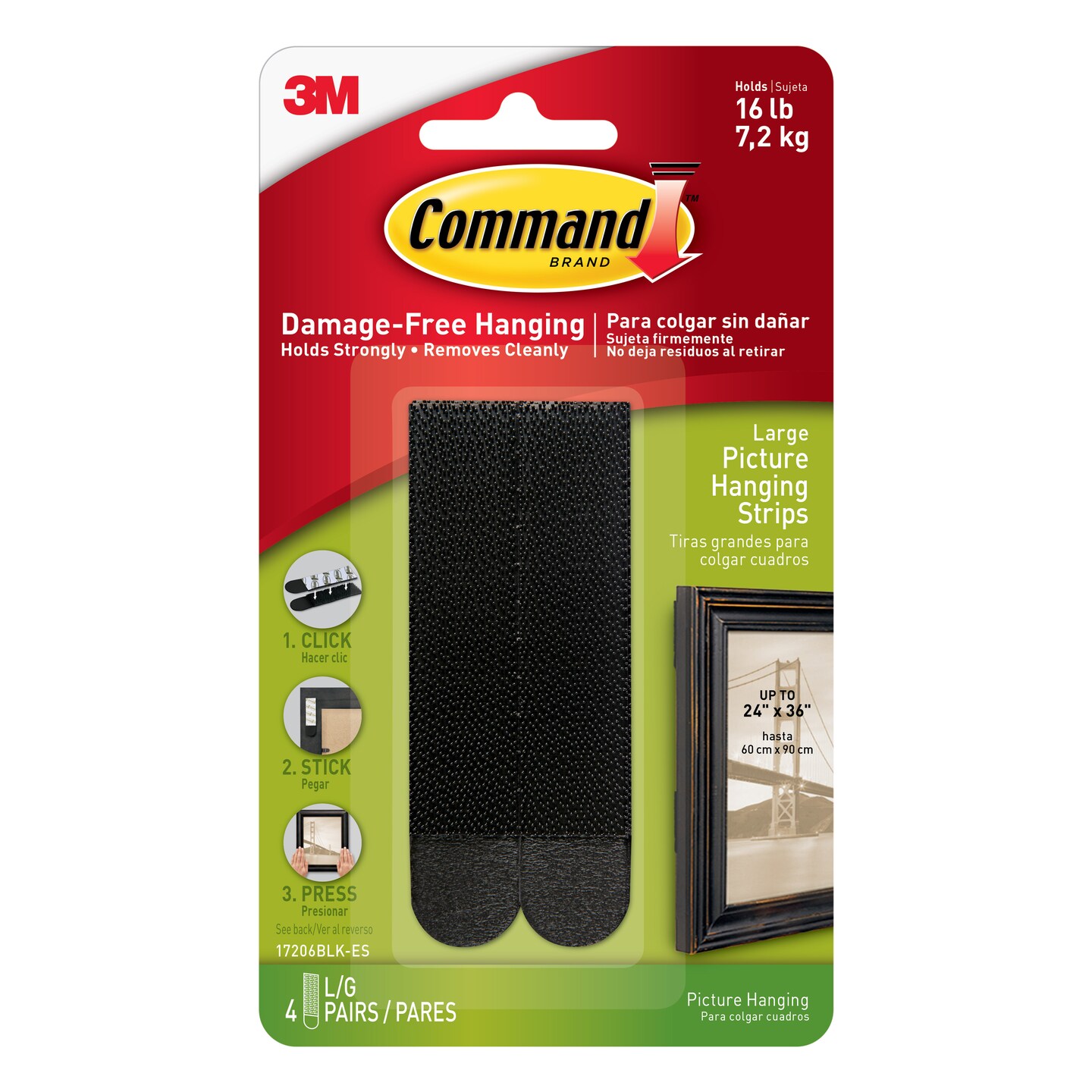 3M Command Picture Hanging Strips, Large, Black, 4/Pkg.