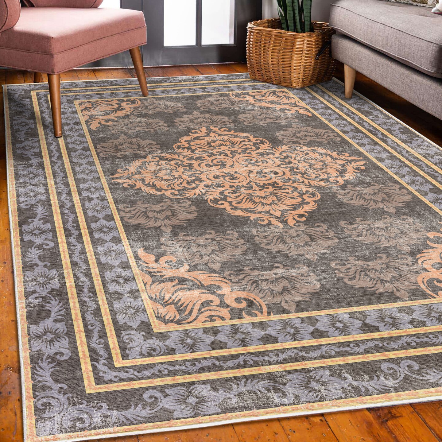 Ambesonne Damask Decorative Rug, Curlicue Design Traditional Flourishes in Retro Themed Flowers Artwork, Quality Carpet for Bedroom Dorm and Living Room, Mauve Peach and Grey