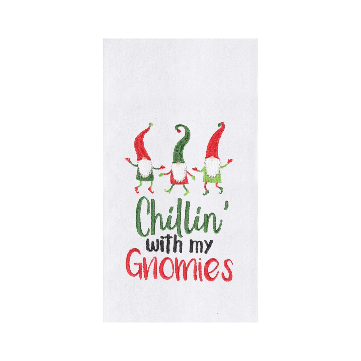 Christmas Holiday Theme &#x22;Chillin With My Gnomies&#x22; 3 Dancing Gnomes Cotton Flour Sack Kitchen Dish Towel 27L x 18W in.
