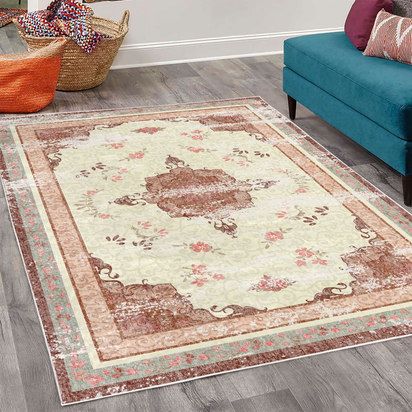 Ambesonne Vintage Decorative Rug, Minimal Flowers and Ethnic Damask Eastern Culture Weathered Effect Design Print, Quality Carpet for Bedroom Dorm and Living Room, Ivory and Rust