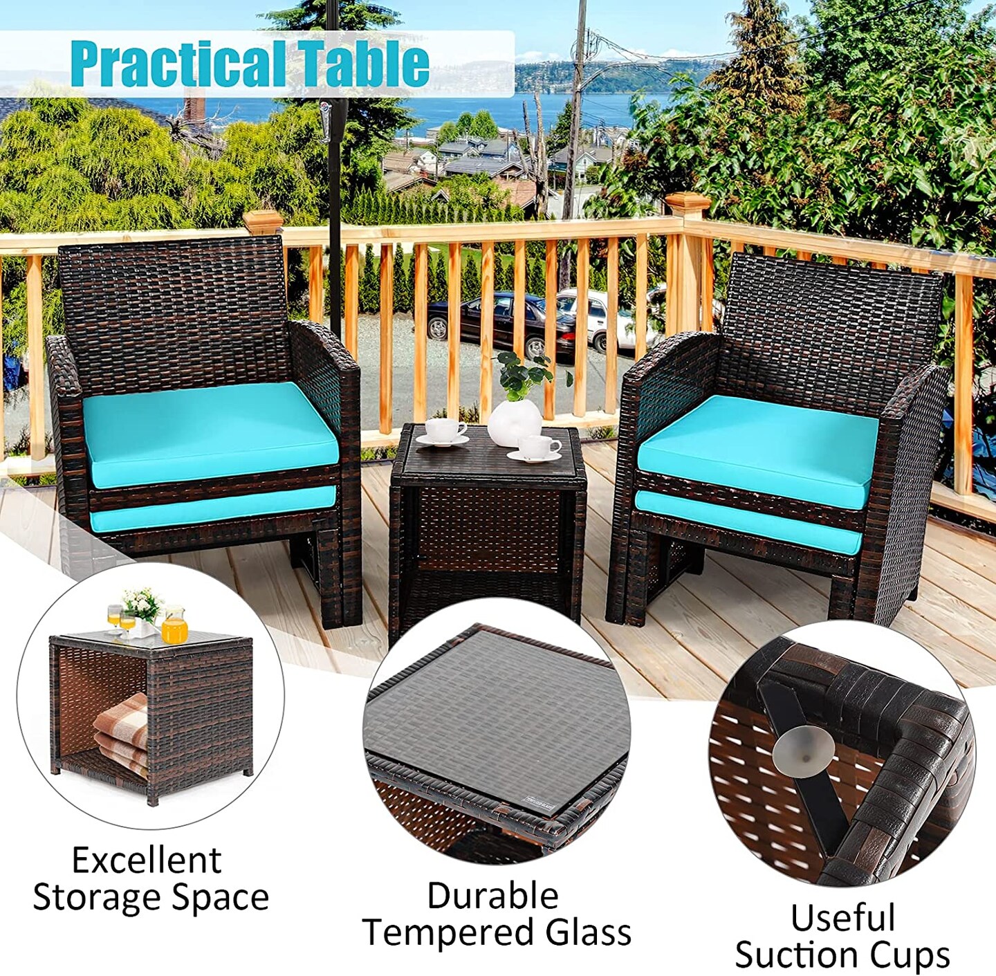 5 Pieces Patio Rattan Furniture Set with Ottoman and Tempered Glass Coffee Table