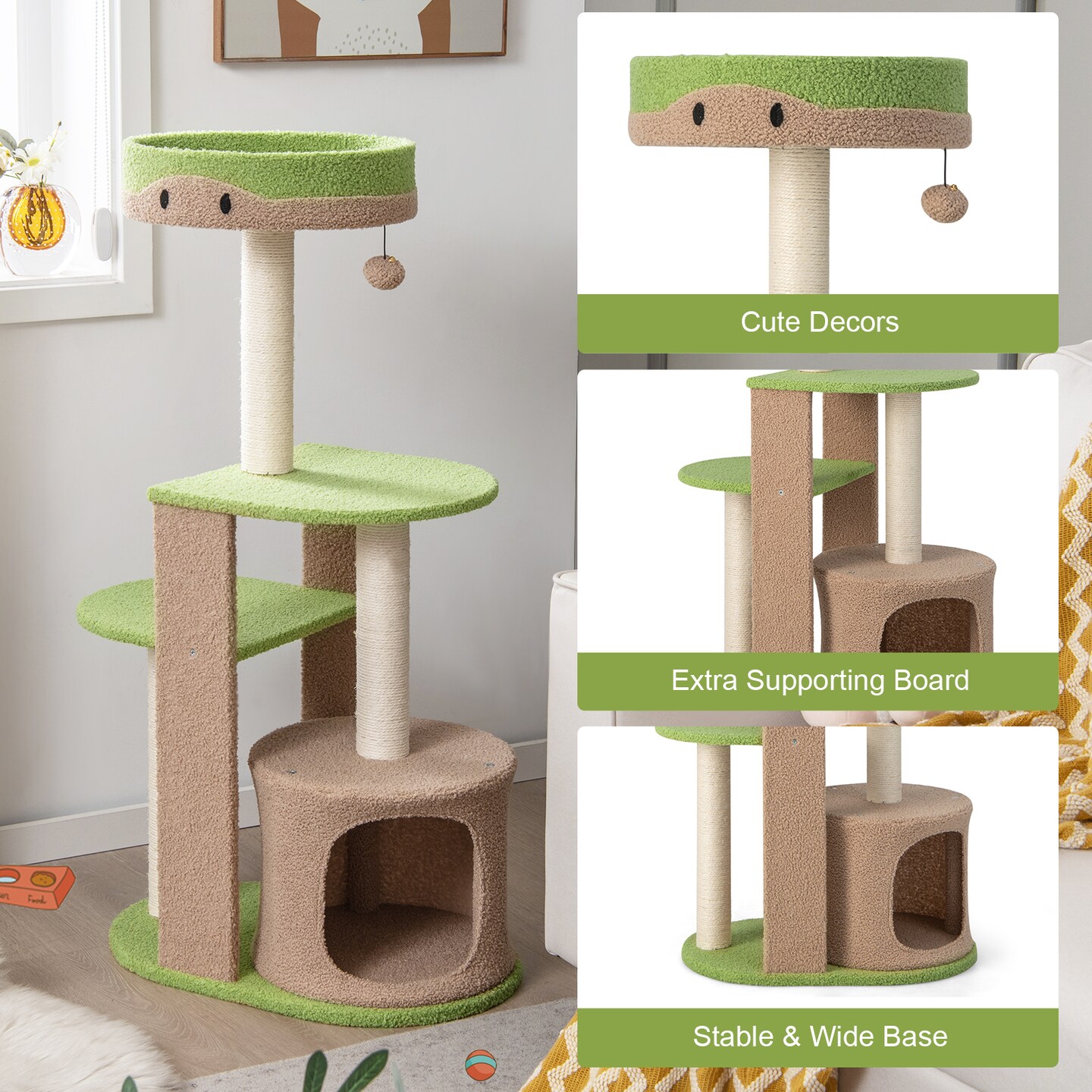 5-Tier Modern Cat Tree Tower for Indoor Cats with Sisal Scratching Posts-Green