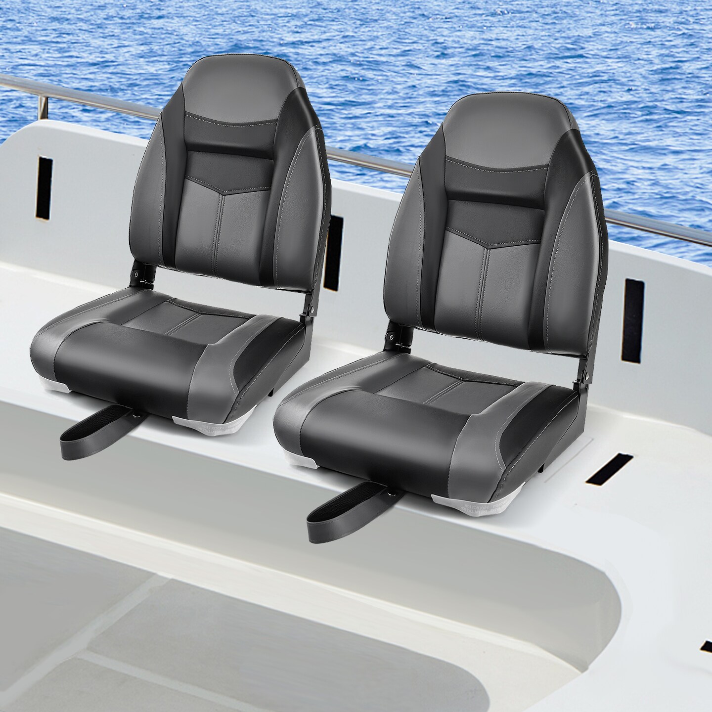 Costway High Back Folding Boat Seats with Black Grey Sponge Cushion & Flexible Hinges