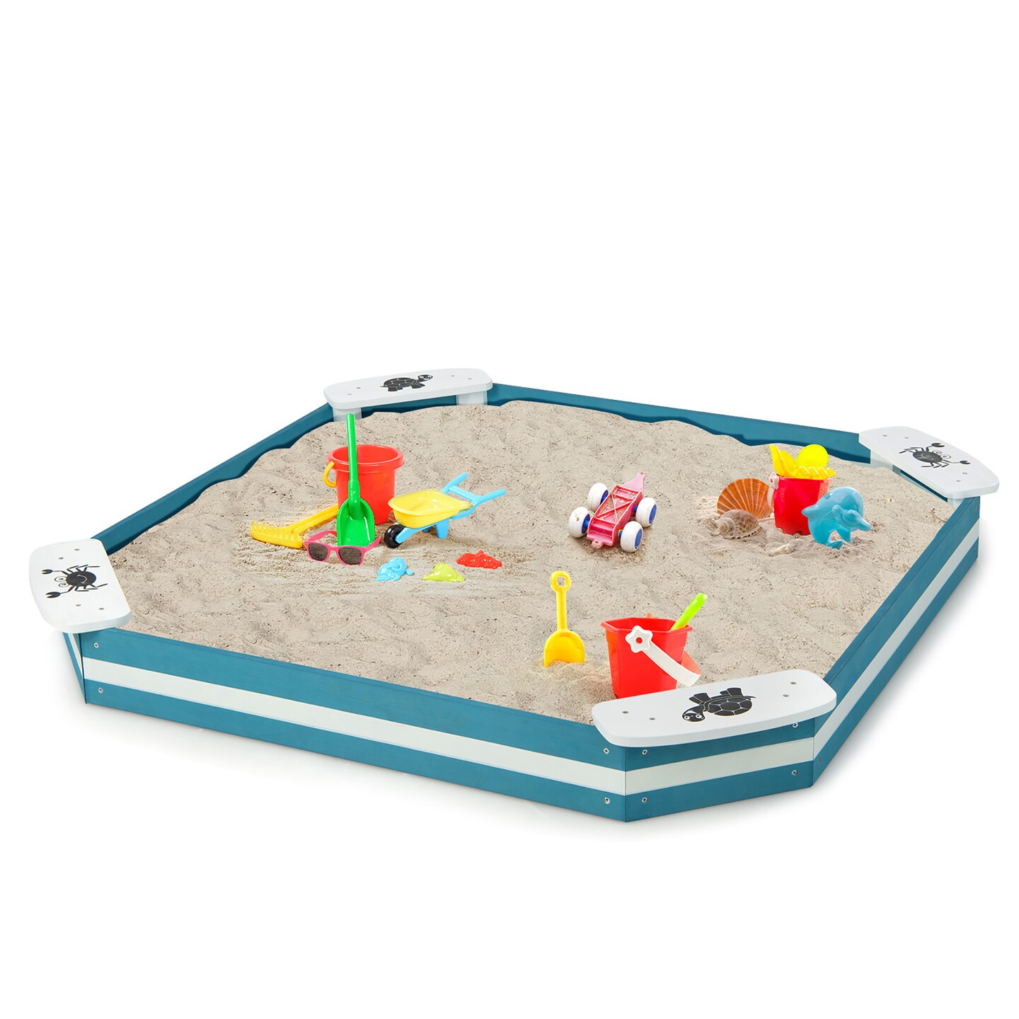 Costway Outdoor Wooden Sandbox with Animal Patterns Seats Backyard Bottomless Sandpit