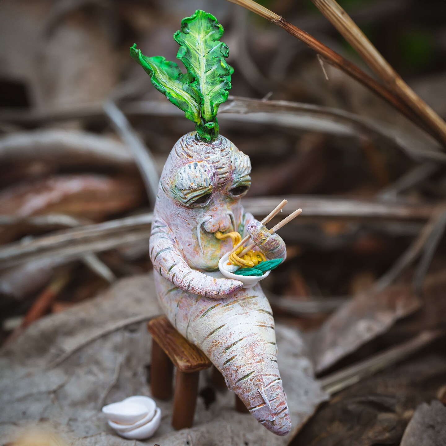 Grandpa Daikon Radish Desk Buddy, unique polymer clay figurine
