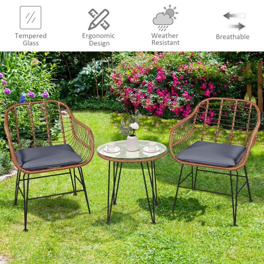 3 Pieces Patio Rattan Bistro Set with Cushion
