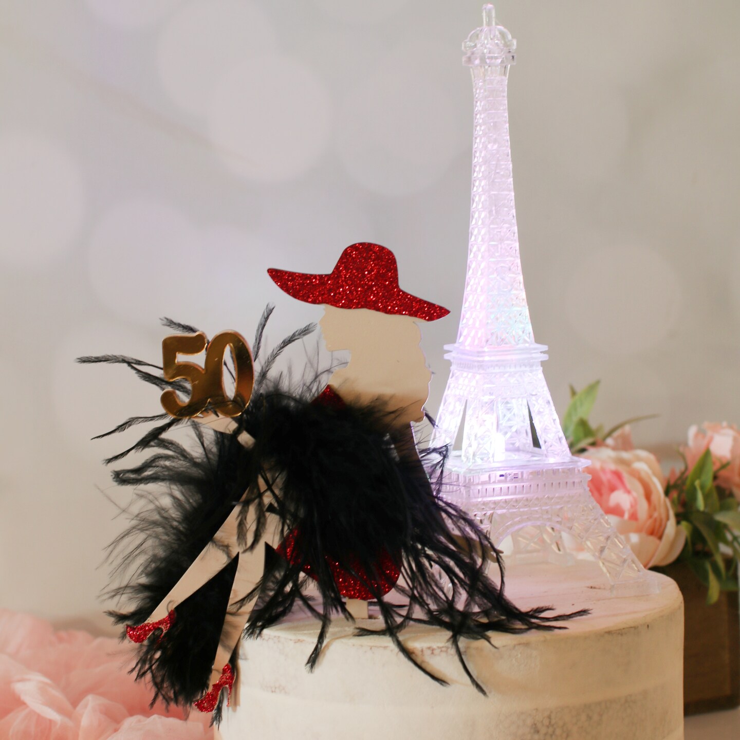 Parisian Girl Eiffel Tower Wood Cake Topper, LED Flashing Tower ...