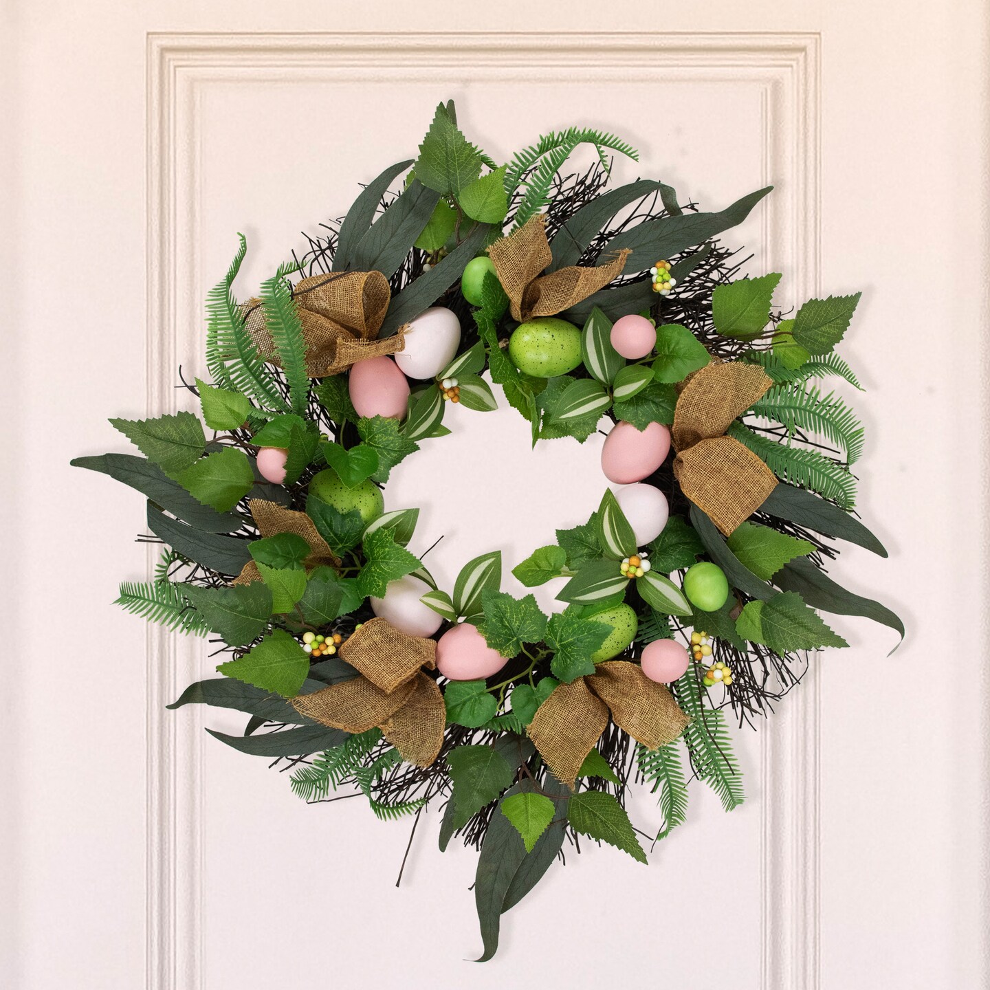 Northlight Easter Egg and Burlap Ribbon Mixed Foliage Twig Wreath, 22-Inch