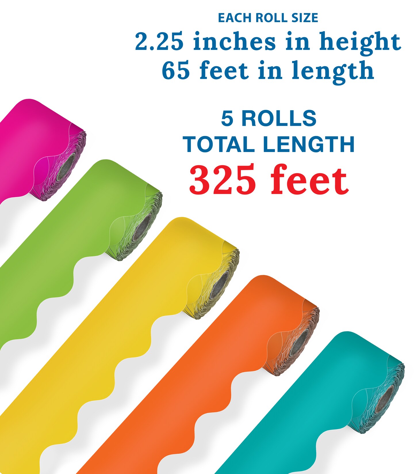 Carson Dellosa 5 Rolls of 325 Ft Scalloped Bulletin Board Borders, Orange, Yellow, Lime Green, Hot Pink, Teal Classroom Borders for Bulletin Board & Classroom Décor, 65 Ft Per Bulletin Board Trim Roll