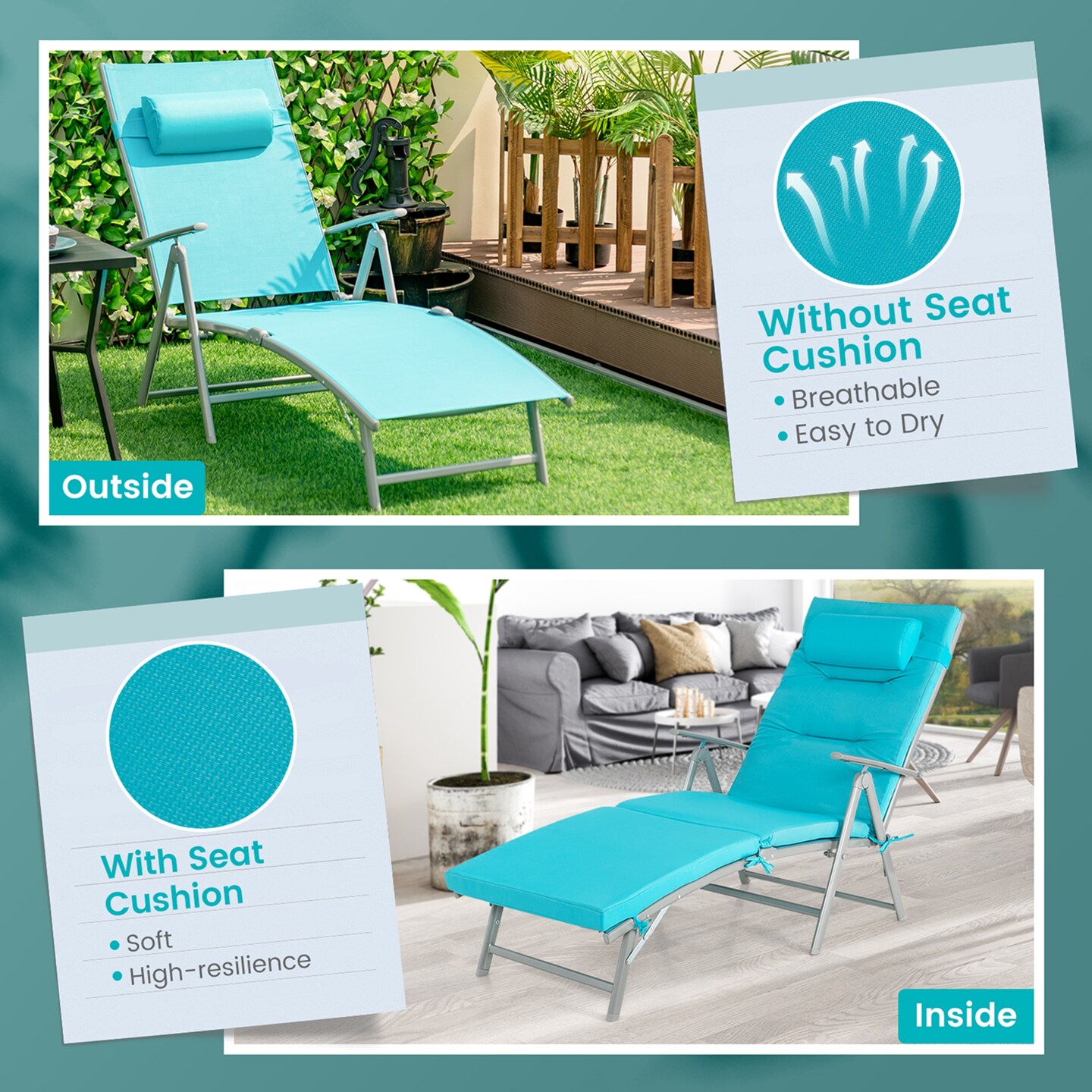 Costway Outdoor Folding Chaise Lounge Chair Recliner Cushion Pillow Adjustable Turquoise