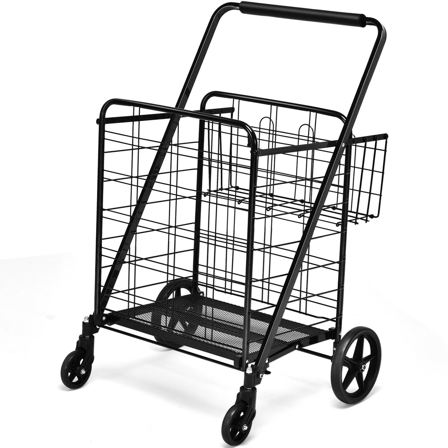 Heavy Duty Steel Folding Utility Shopping Double Cart with Mesh Base and Sturdy Rod