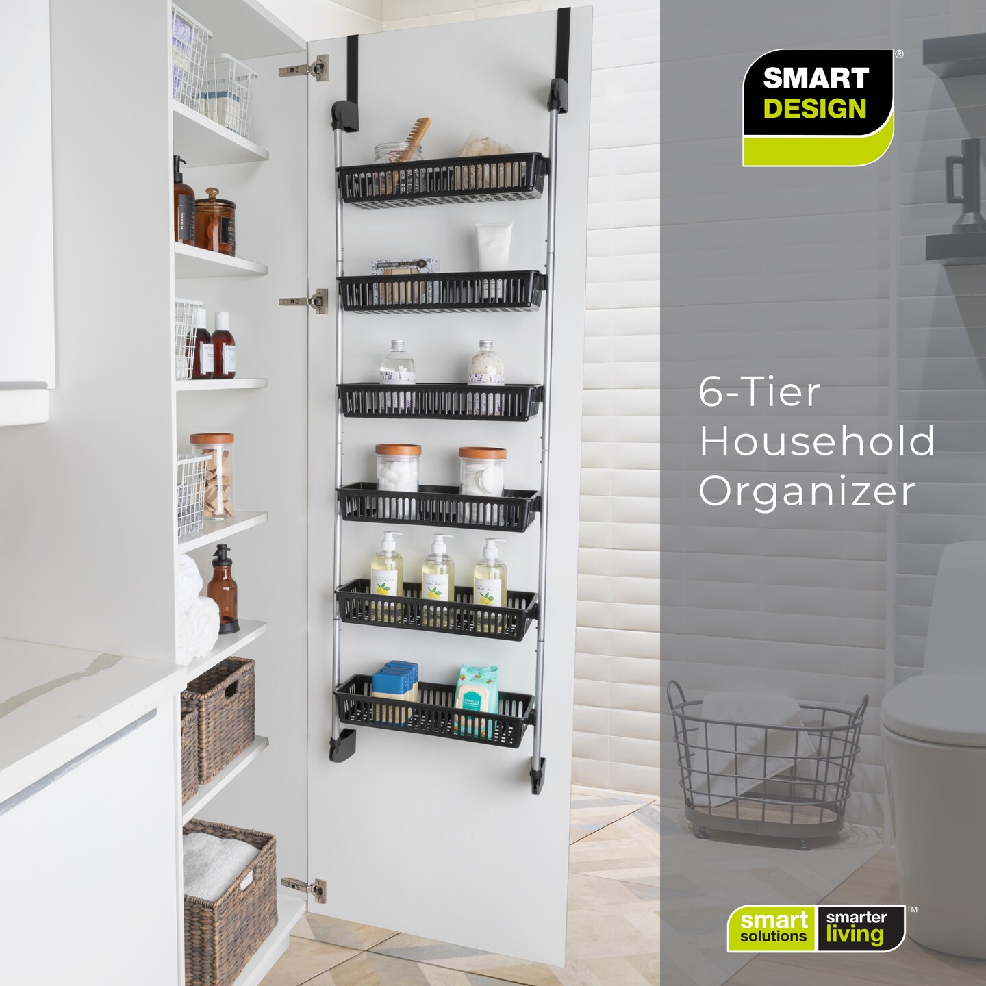 Smart Design 6-Tier Over The Door Pantry Organizer with 6 Full Baskets - Black