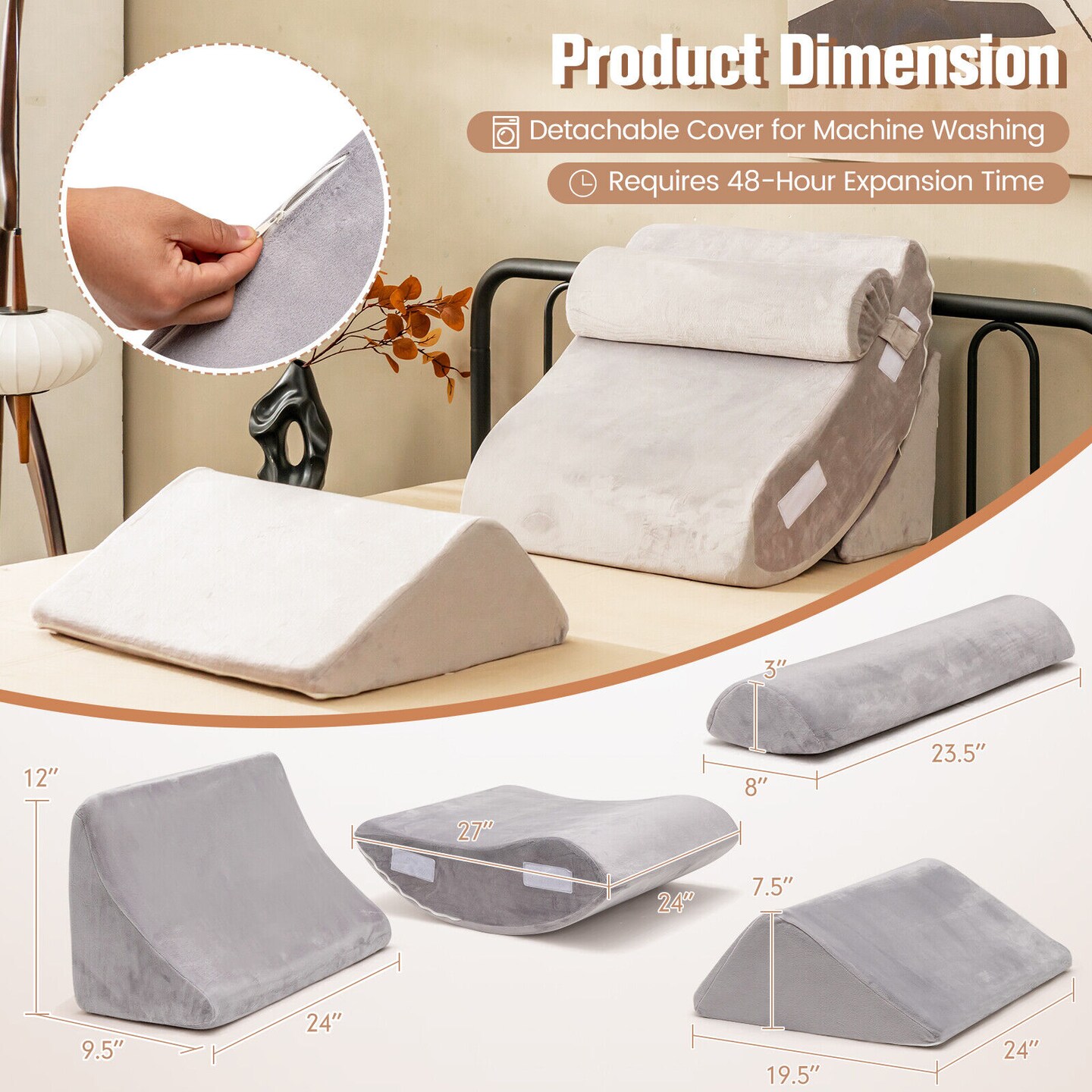 Grey Wedge Pillow Set Memory Foam Multifunctional Back Neck Knee Support