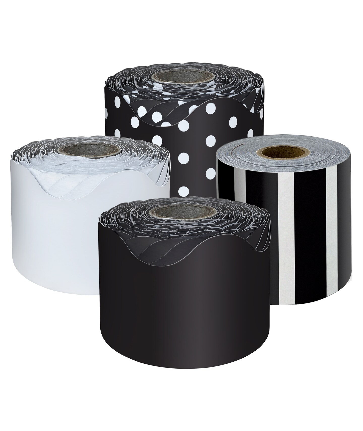 Carson Dellosa 4 Rolls of 260 Ft of Scallop Black and White Bulletin Board Borders, Striped, Polka Dot Black and White Borders for Bulletin Board &#x26; Classroom D&#xE9;cor, 65 Ft Per Roll