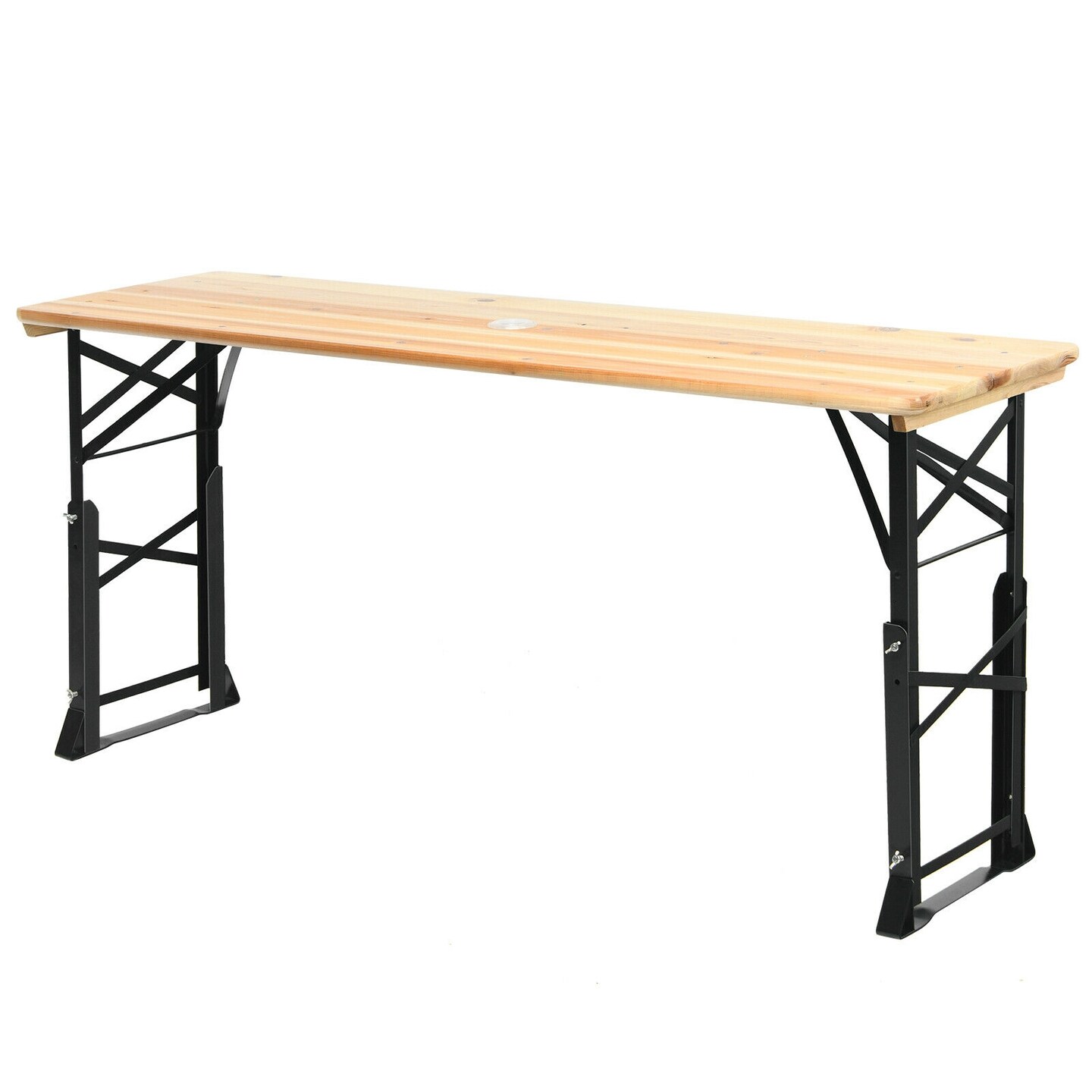 Outdoor Folding Picnic Table 66.5 Inch Natural Wood With Umbrella Hole