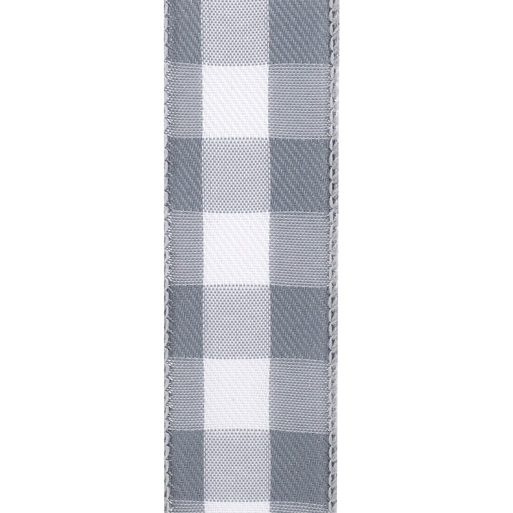 1.5 in x 10 yards --- Celine Plaid Twill Wired Edge Ribbon --- White/ Grey Color