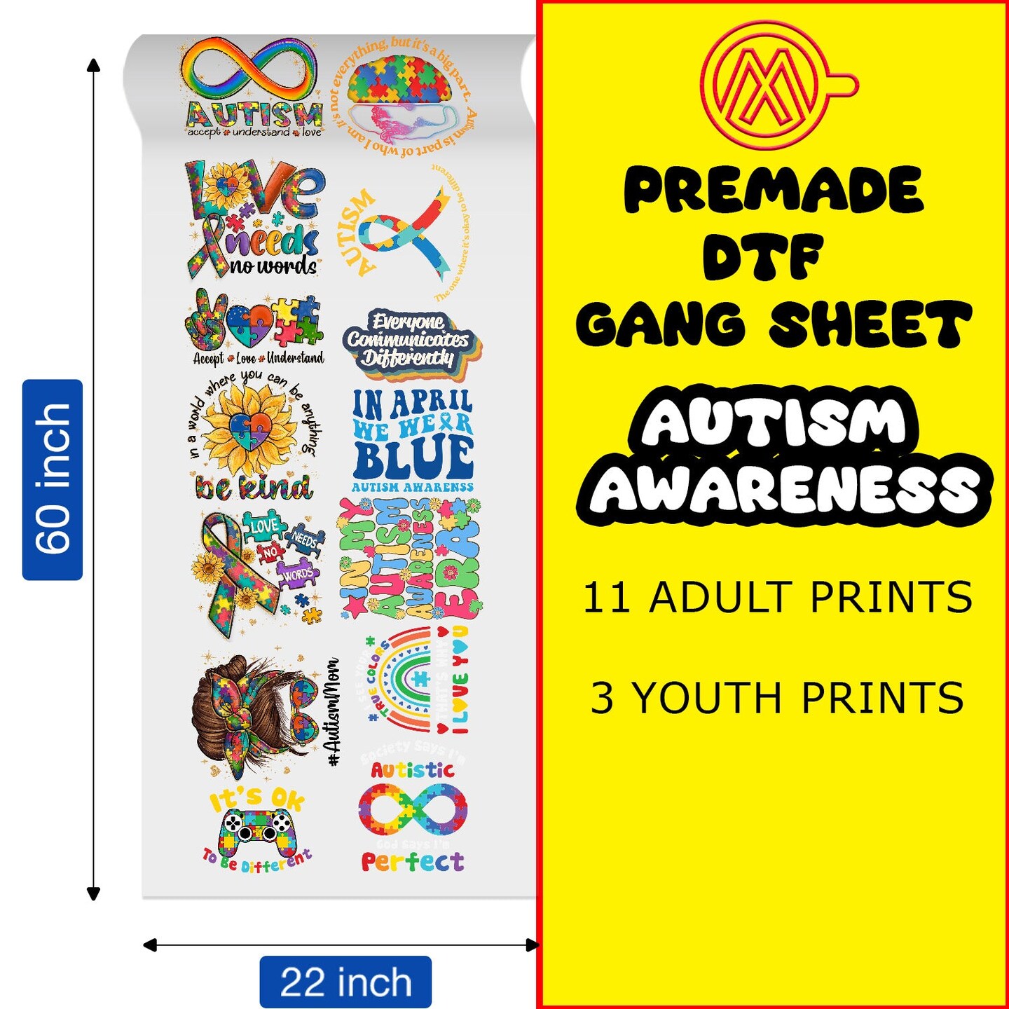 Autism Awareness Direct-to-Film Transfer Gang Sheets - 22x60