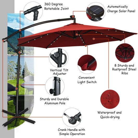 Outdoor 10 ft Offset Umbrella with Solar LED & 360° Swivel – No Base