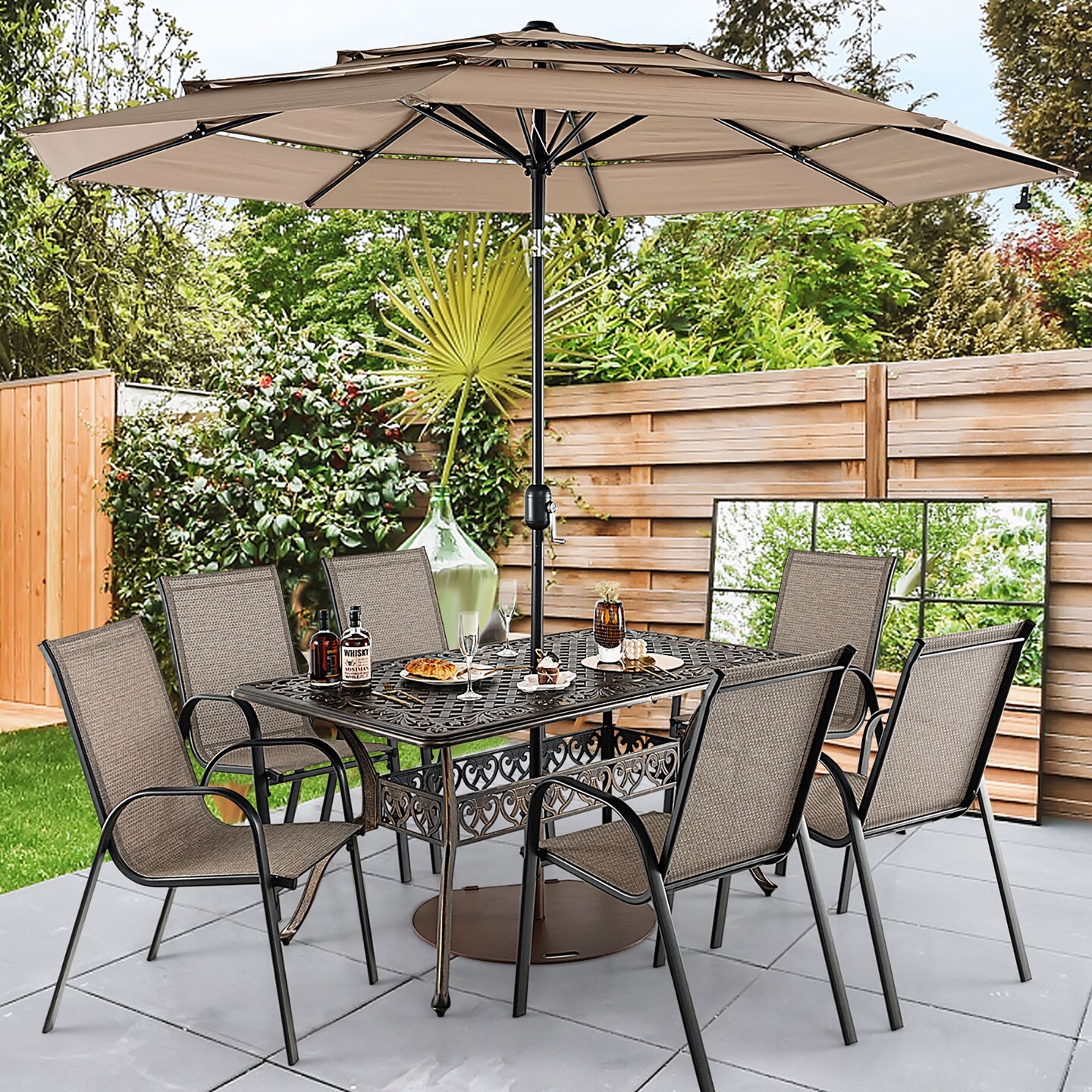 Costway 59'' Outdoor Dining Table All-Weather Cast Aluminum Umbrella Hole 6 Person Bronze
