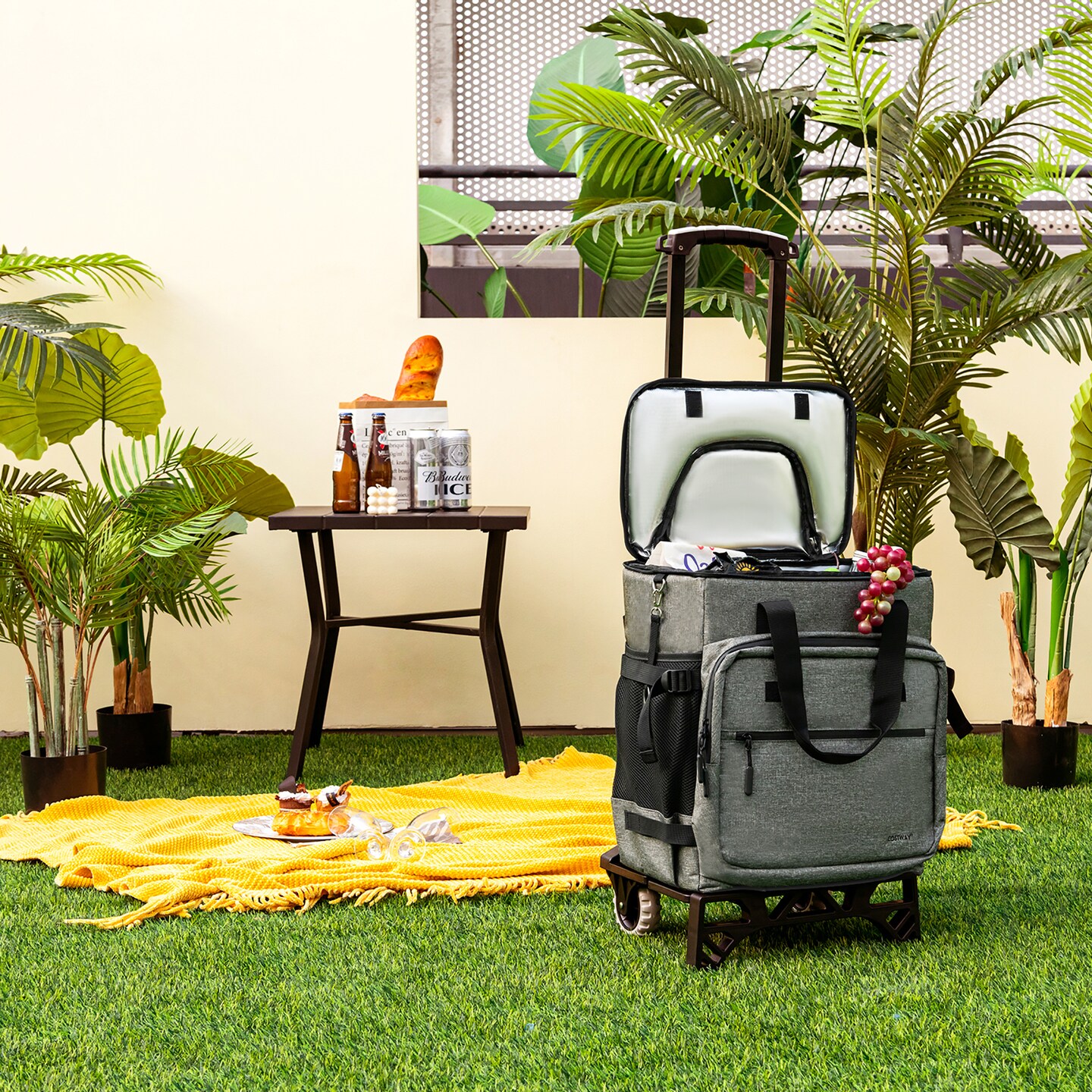 Costway 50-Can 3-in-1 Insulated Rolling Cooler with Adjustable Handle & Bottom Plate Blue/Grey