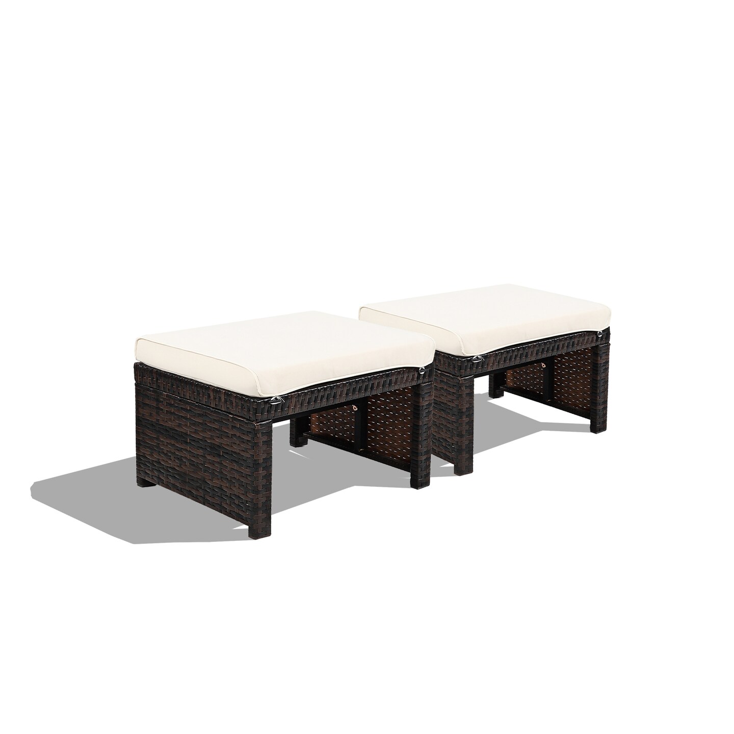 2 Pieces Patio Rattan Ottomans With Soft Cushion For Patio and Garden