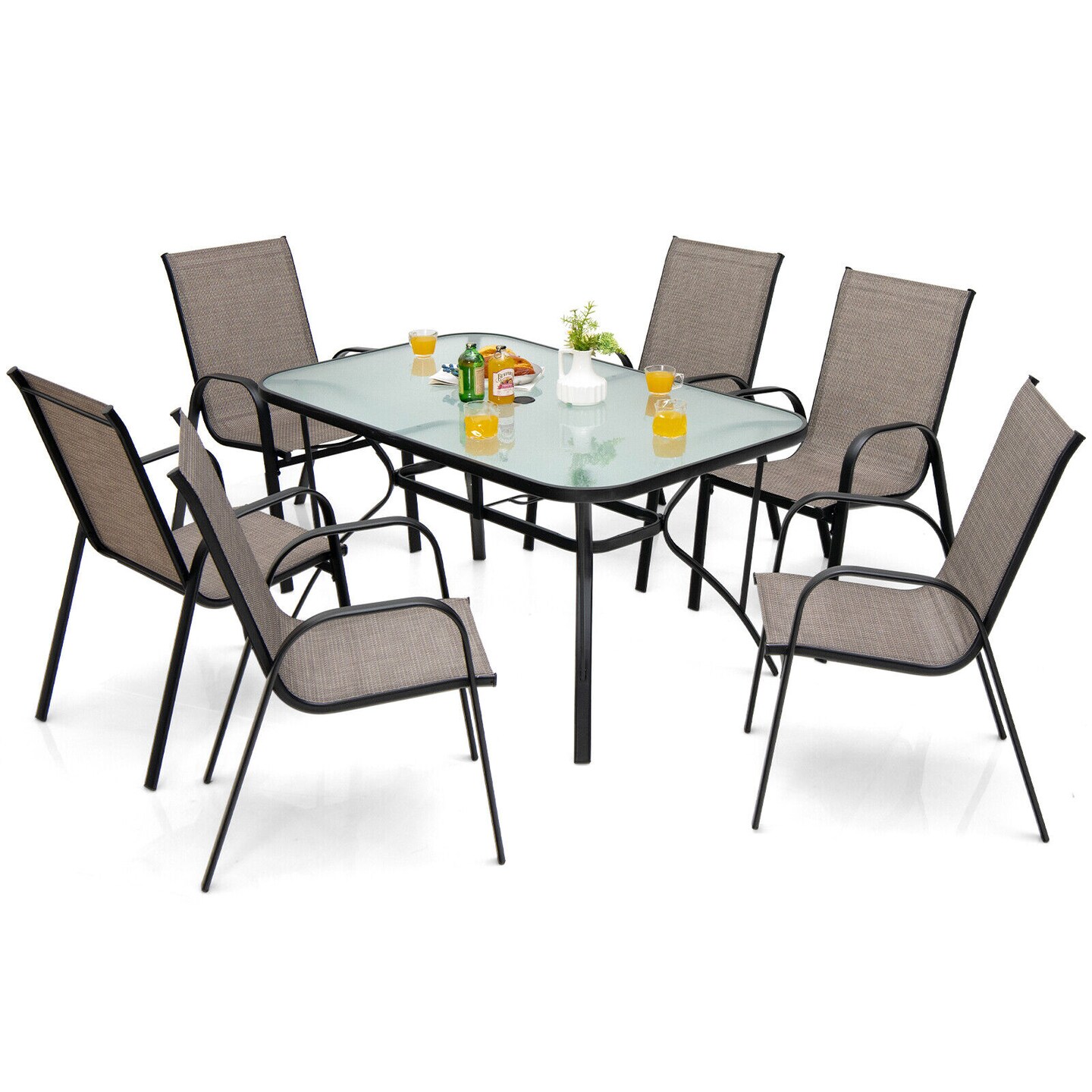 7-Piece Outdoor Patio Dining Set 6 Chairs Rectangular Table Brown Black