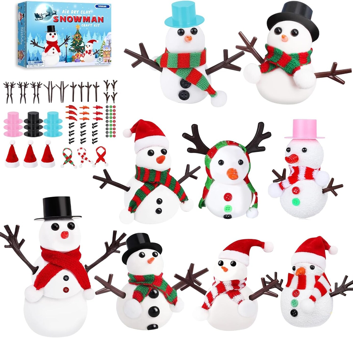 DIY Christmas Build a Snowman Air Dry Molding Clay Kit 9 Pack