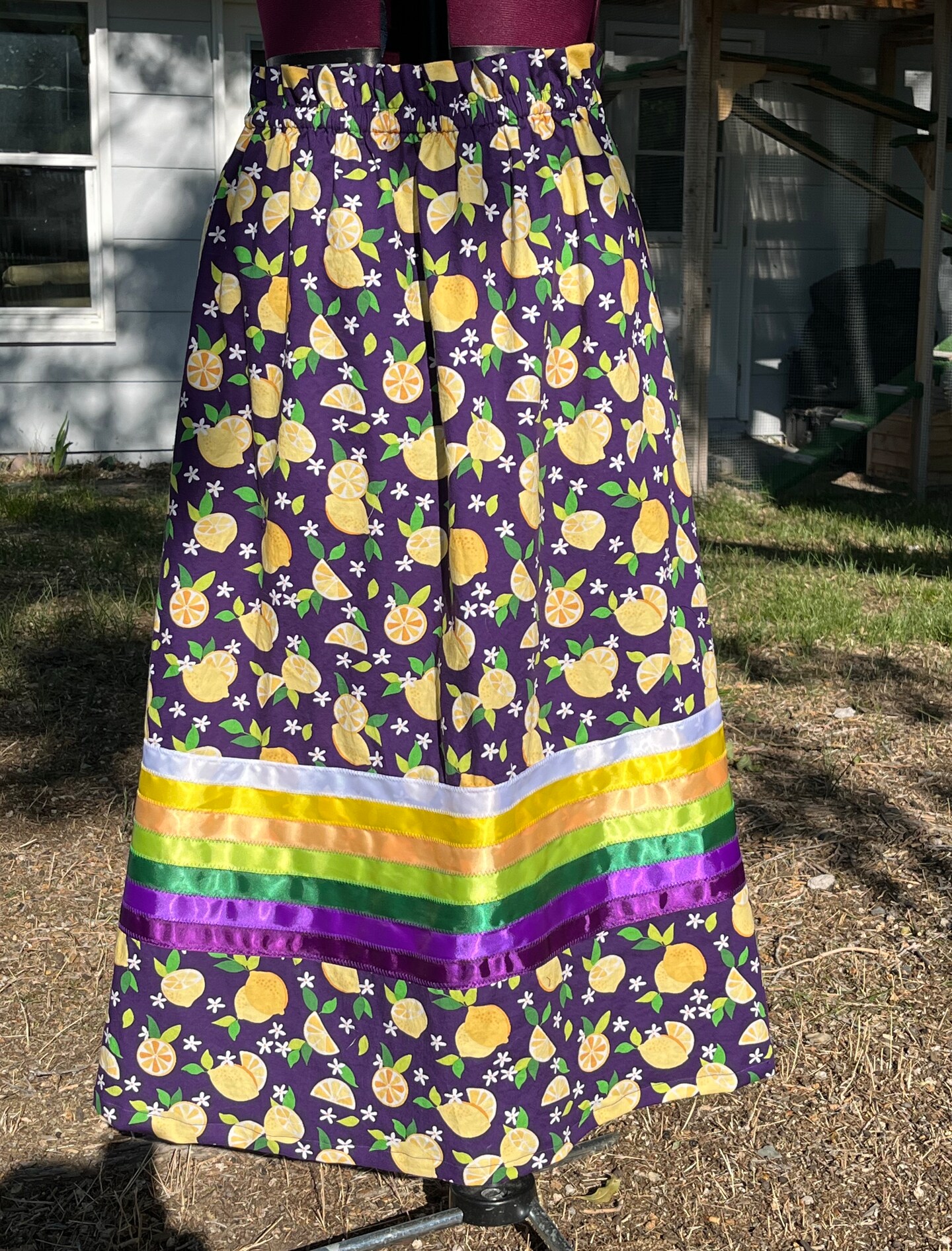 Long, adult, Native American Ribbon Skirt. Up to waist 50". Lemon Print