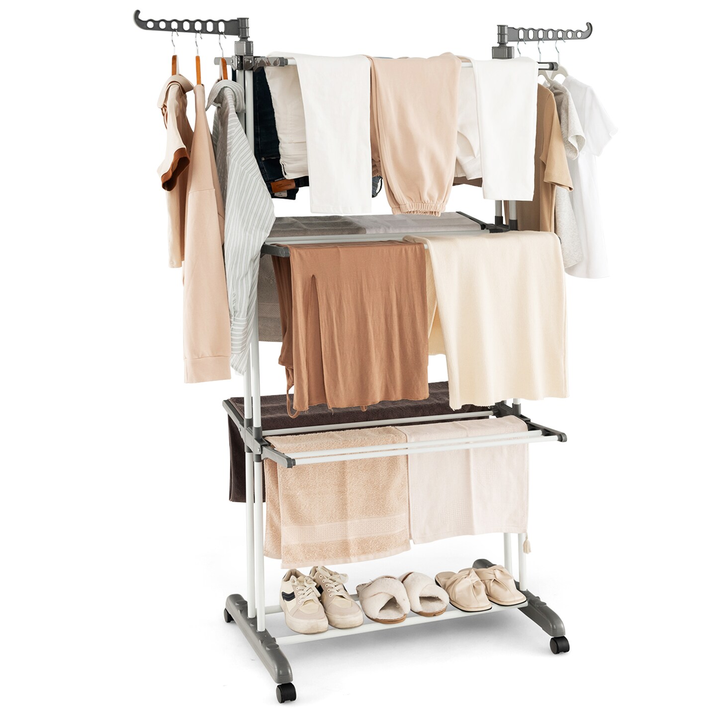 4-Tier Folding Rolling Clothes Drying Rack with Shoe Shelf and Hanger Holders for Indoor and Balcony