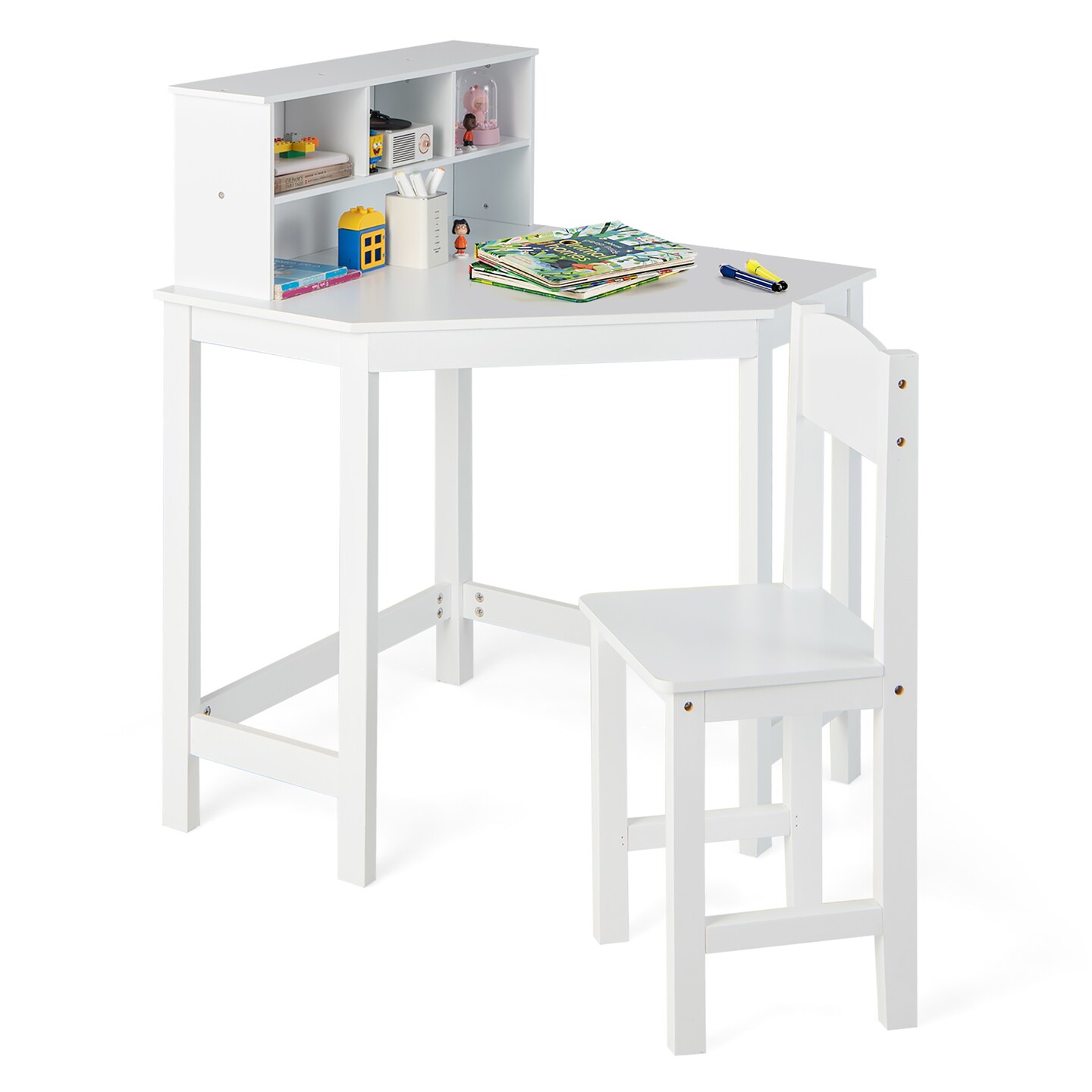 Costway Kids Corner Desk & Chair Set Wooden Study Writing Workstation with Storage & Hutch