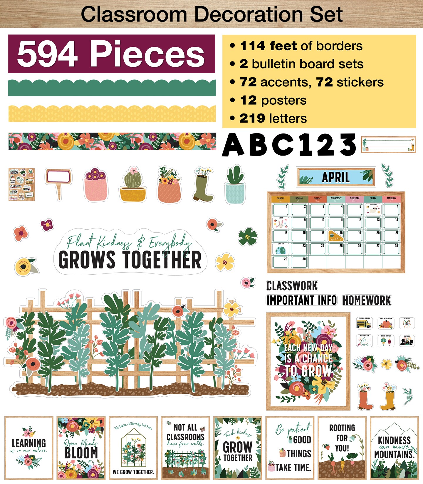 Carson Dellosa 594 Pc. Grow Together Classroom Decor Bundle, Bulletin Board Borders, Monthly Calendar, Bulletin Board Letters, Classroom Cutouts, Stickers, Bulletin Board, Posters, and Nameplates