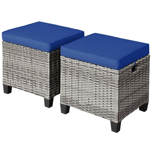 2 Pieces Patio Rattan Wicker Ottoman Seat with Removable Cushions