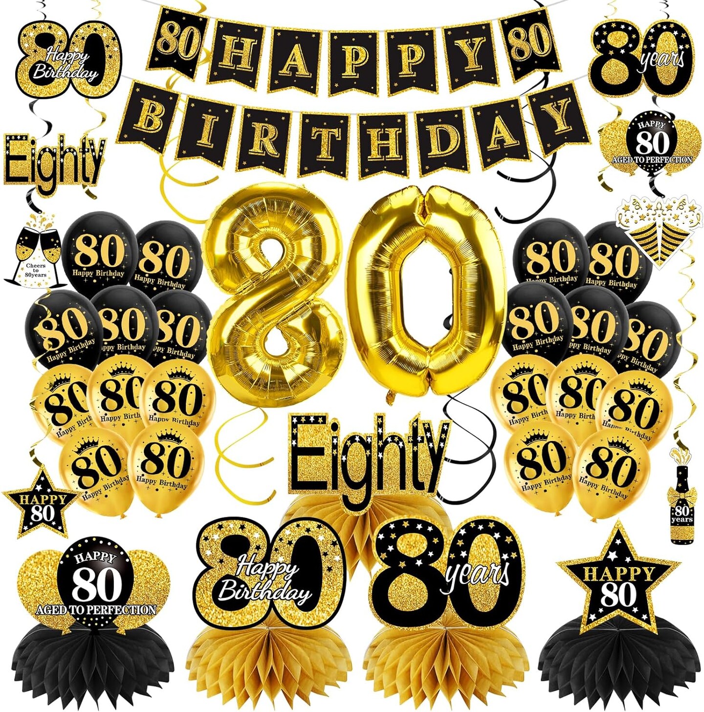 36Pcs 80th Birthday Decorations Kit for Men Women, Black Gold Happy 80 Birthday Banner Balloons Honeycomb Centerpiece Hanging Swirl Party Supplies, Eighty Year Old Bday Table Topper Decor