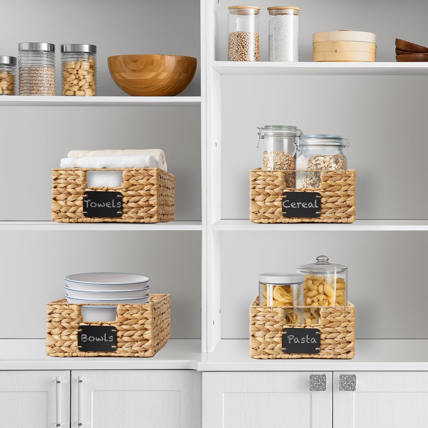 Casafield Water Hyacinth Pantry Baskets with Chalkboard Labels and Chalk Marker, Woven Storage Bin Organizers for Kitchen Shelves