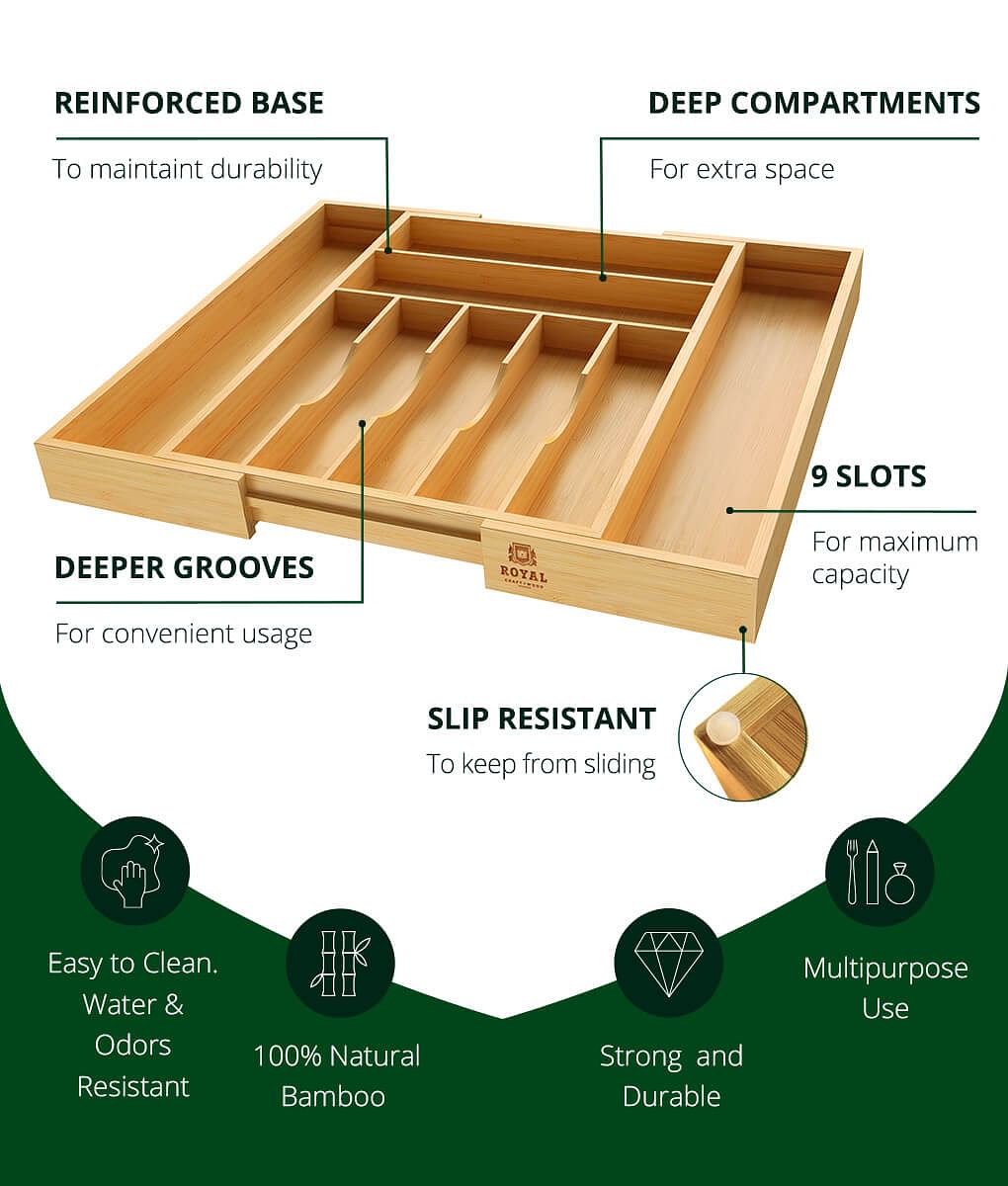 Bamboo Silverware Drawer Organizer, Cutlery Drawer Organizer for Kitchen Utensils, Natural - Royal Craft Wood